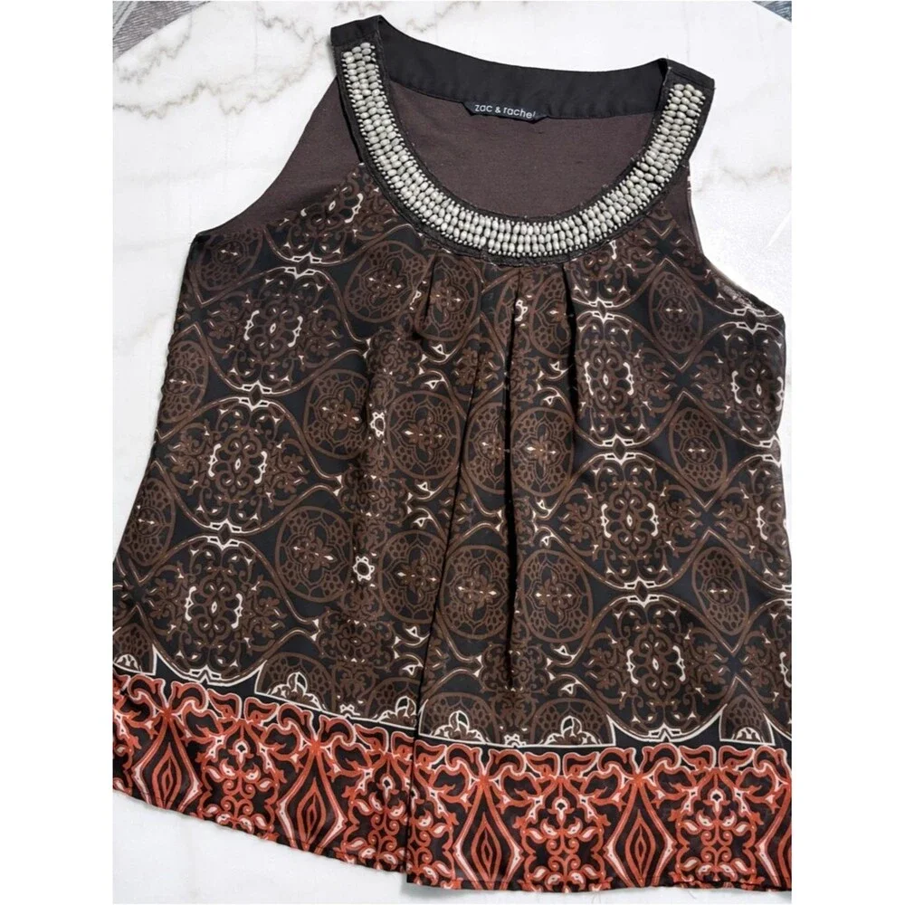 Zac & Rachel XL Sheer Beaded Blouse Brown Boho Print Sleeveless Lined Top - Picture 3 of 5